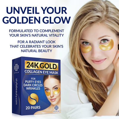 Stylia Under Eye Patches for Dark Circles and Puffy Eyes - 24k Gold Eye Mask for Cosmetic Improvement & Instant Hydration - Collagen Gel Pads for Temporary Relief of Puffiness - Refreshes