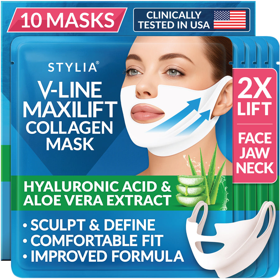 Stylia MaxiLift V-Line Lifting Collagen Face Mask - Advanced Double Chin Reducer - Jawline Shaper - Neck Firming and Tightening Mask with Hyaluronic Acid & Aloe Vera - Chin Strap for Sleeping (10PC)