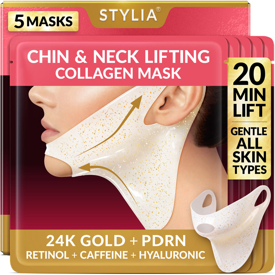 Stylia Chin & Neck Lifting Collagen Mask with PDRN & 24K Gold - Neck Firming and Tightening Mask, Hydrogel Neck Wrinkle Patches & Chin Lifting Mask for Women - Double Chin, Jowls & Jawline, 10 Pcs